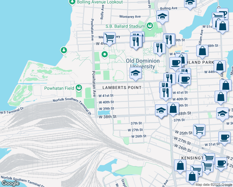map of restaurants, bars, coffee shops, grocery stores, and more near 1442 West 41st Street in Norfolk
