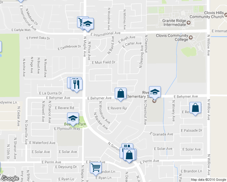 map of restaurants, bars, coffee shops, grocery stores, and more near 10030 North Baird Avenue in Fresno
