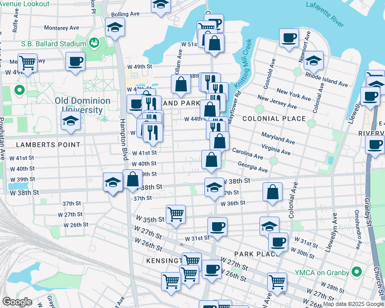 map of restaurants, bars, coffee shops, grocery stores, and more near 843 West 41st Street in Norfolk