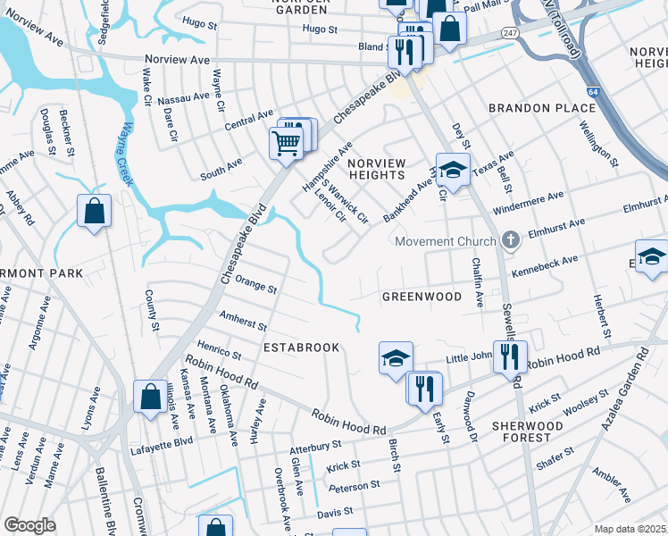 map of restaurants, bars, coffee shops, grocery stores, and more near 4541 Bankhead Avenue in Norfolk
