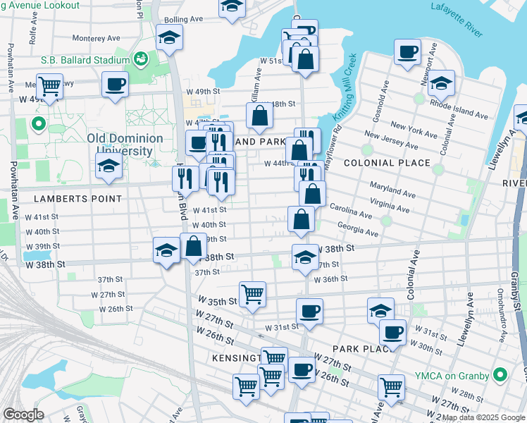 map of restaurants, bars, coffee shops, grocery stores, and more near 859 West 41st Street in Norfolk
