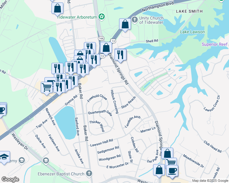 map of restaurants, bars, coffee shops, grocery stores, and more near 5540 Finespun Last in Virginia Beach