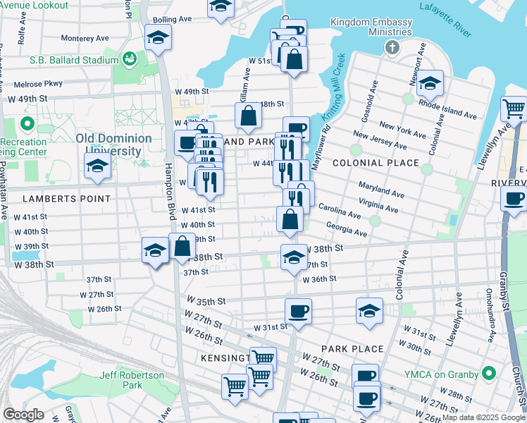 map of restaurants, bars, coffee shops, grocery stores, and more near 843 West 41st Street in Norfolk