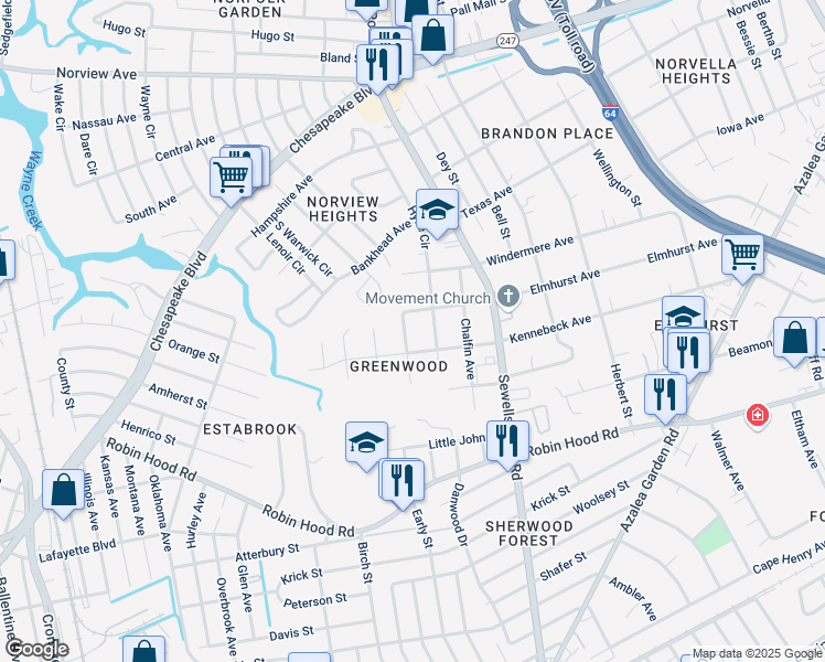 map of restaurants, bars, coffee shops, grocery stores, and more near 3219 Locust Avenue in Norfolk