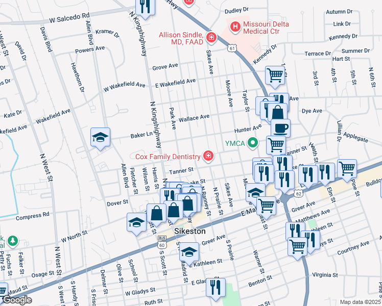 map of restaurants, bars, coffee shops, grocery stores, and more near 501 North Ranney Street in Sikeston