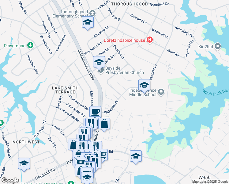 map of restaurants, bars, coffee shops, grocery stores, and more near 1356 Sir Richard Road in Virginia Beach