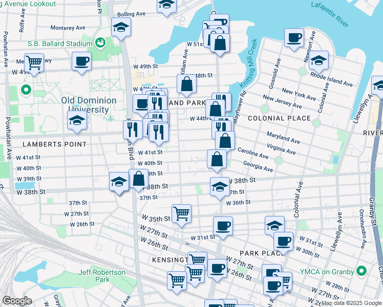 map of restaurants, bars, coffee shops, grocery stores, and more near 855 West 41st Street in Norfolk