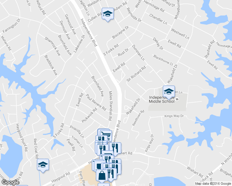 map of restaurants, bars, coffee shops, grocery stores, and more near 1341 Independence Boulevard in Virginia Beach