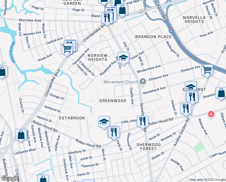 map of restaurants, bars, coffee shops, grocery stores, and more near 3219 Locust Avenue in Norfolk