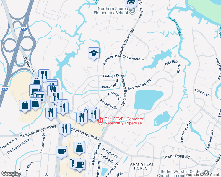 map of restaurants, bars, coffee shops, grocery stores, and more near 6224 Cambridge Drive in Suffolk