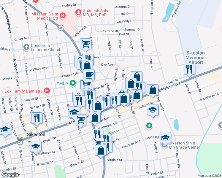 map of restaurants, bars, coffee shops, grocery stores, and more near 306 Heath Street in Sikeston