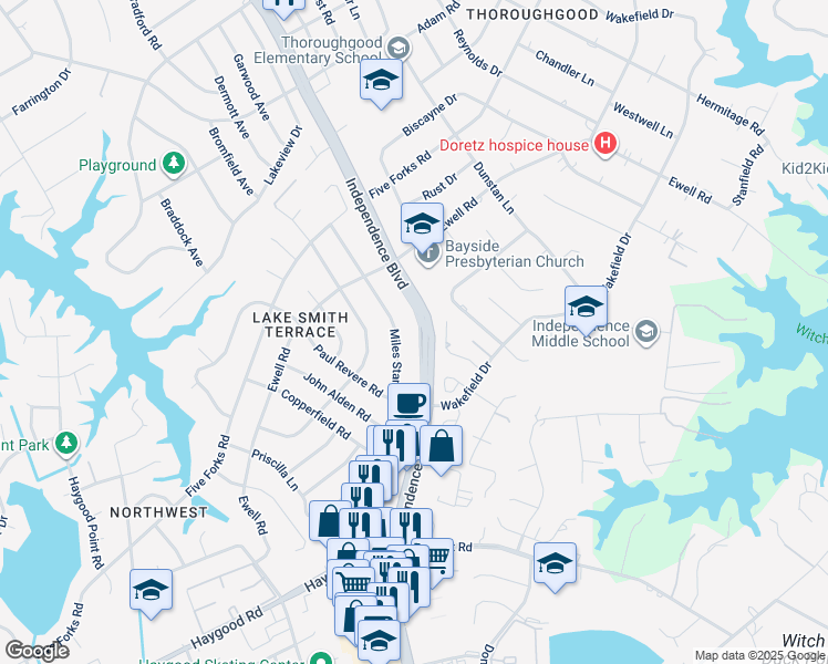 map of restaurants, bars, coffee shops, grocery stores, and more near 1341 Independence Boulevard in Virginia Beach