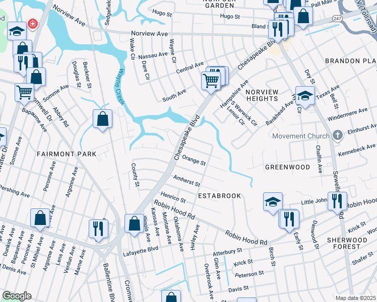 map of restaurants, bars, coffee shops, grocery stores, and more near 3615 Radford Street in Norfolk