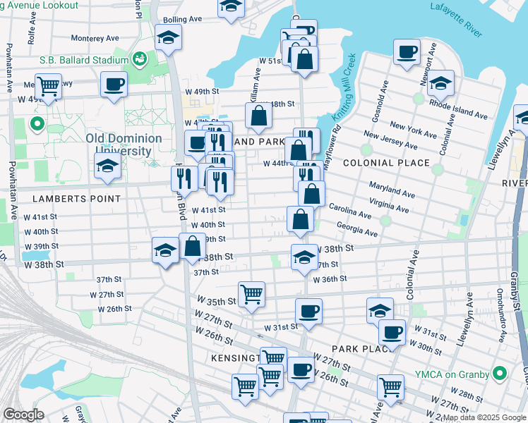map of restaurants, bars, coffee shops, grocery stores, and more near 857 West 41st Street in Norfolk