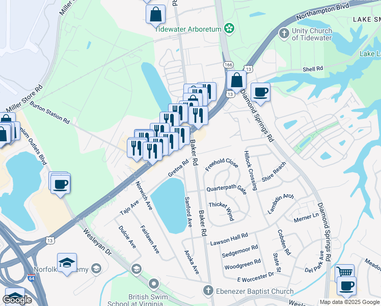 map of restaurants, bars, coffee shops, grocery stores, and more near 1137 Baker Road in Virginia Beach
