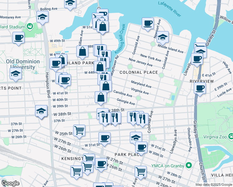 map of restaurants, bars, coffee shops, grocery stores, and more near 717 Carolina Avenue in Norfolk