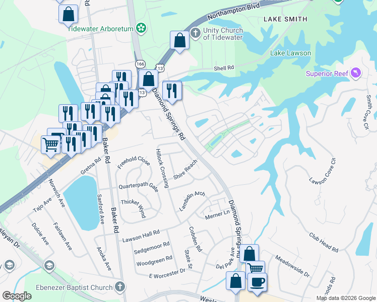 map of restaurants, bars, coffee shops, grocery stores, and more near 1122 Hillock Crossing in Virginia Beach