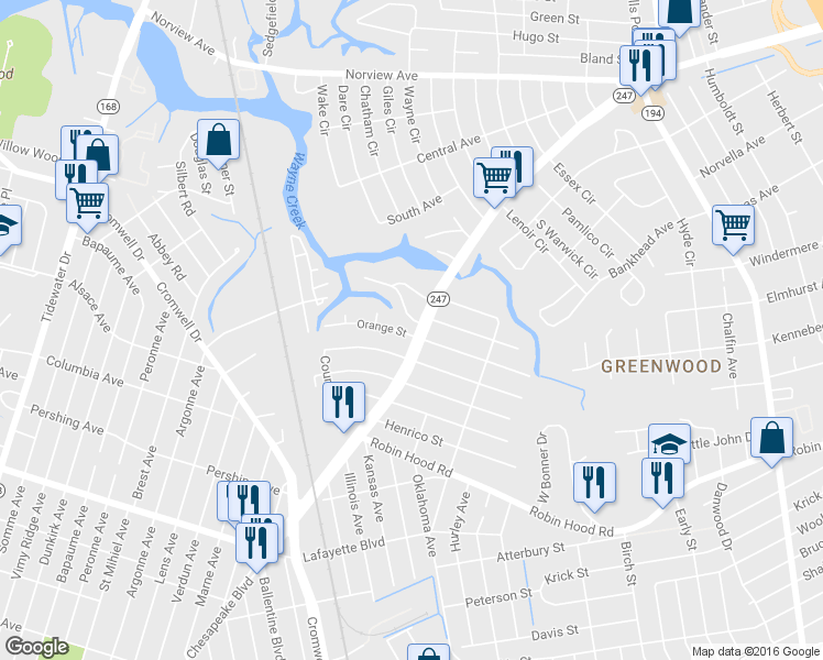 map of restaurants, bars, coffee shops, grocery stores, and more near 3521 Chesapeake Boulevard in Norfolk