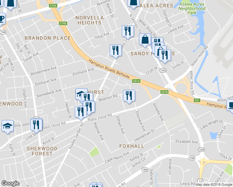 map of restaurants, bars, coffee shops, grocery stores, and more near 5324 Beamon Road in Norfolk