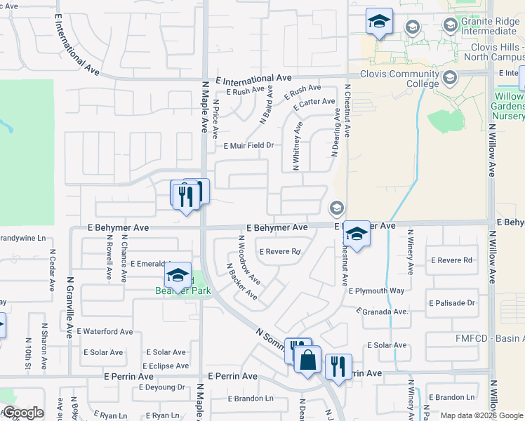 map of restaurants, bars, coffee shops, grocery stores, and more near 10030 North Baird Avenue in Fresno