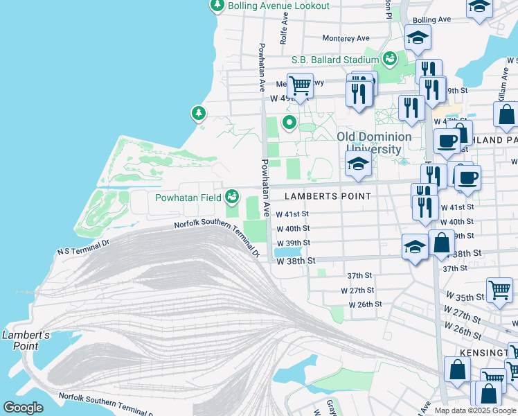 map of restaurants, bars, coffee shops, grocery stores, and more near 4251 Powhatan Avenue in Norfolk