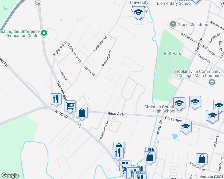 map of restaurants, bars, coffee shops, grocery stores, and more near 621 Colonelette Drive in Hopkinsville