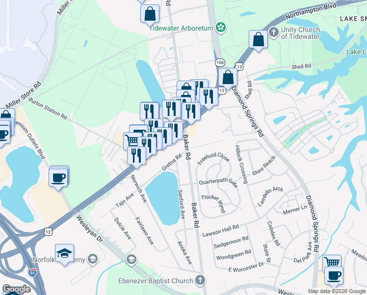 map of restaurants, bars, coffee shops, grocery stores, and more near 1137 Baker Road in Virginia Beach