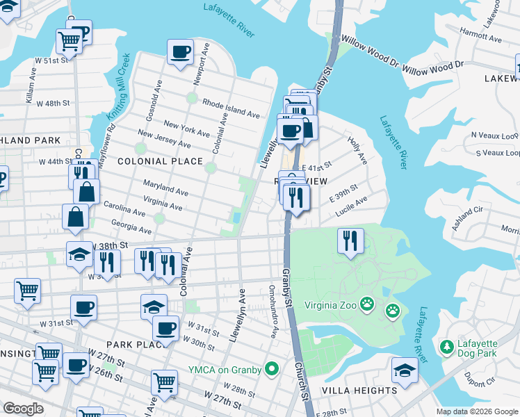map of restaurants, bars, coffee shops, grocery stores, and more near 216 Maryland Avenue in Norfolk