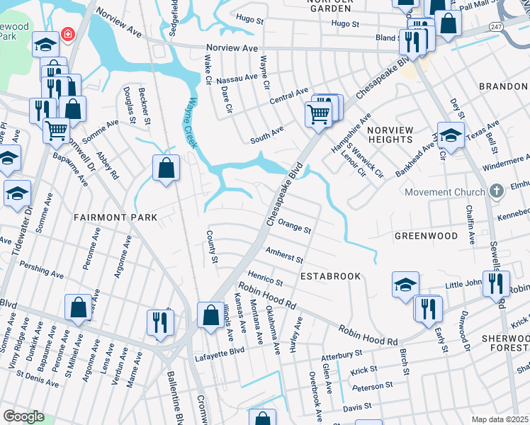 map of restaurants, bars, coffee shops, grocery stores, and more near 3521 Chesapeake Boulevard in Norfolk