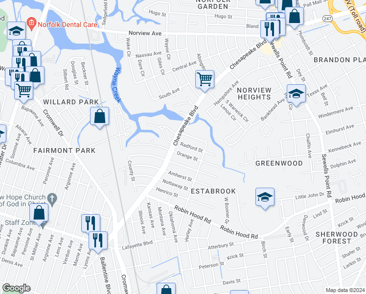 map of restaurants, bars, coffee shops, grocery stores, and more near 3615 Radford Street in Norfolk