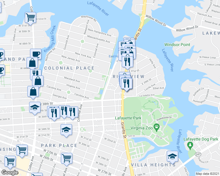 map of restaurants, bars, coffee shops, grocery stores, and more near 216 Maryland Avenue in Norfolk