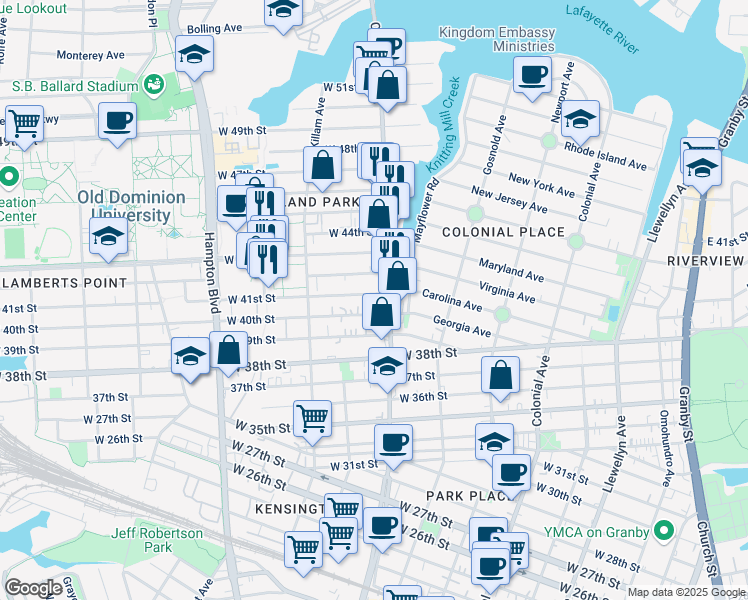 map of restaurants, bars, coffee shops, grocery stores, and more near 811 West 41st Street in Norfolk