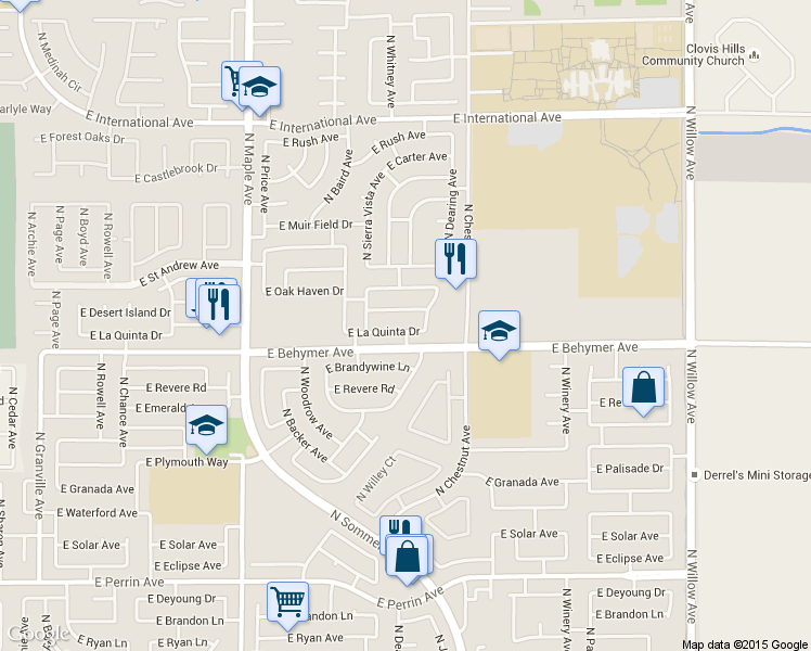 map of restaurants, bars, coffee shops, grocery stores, and more near 2396 East La Quinta Drive in Fresno