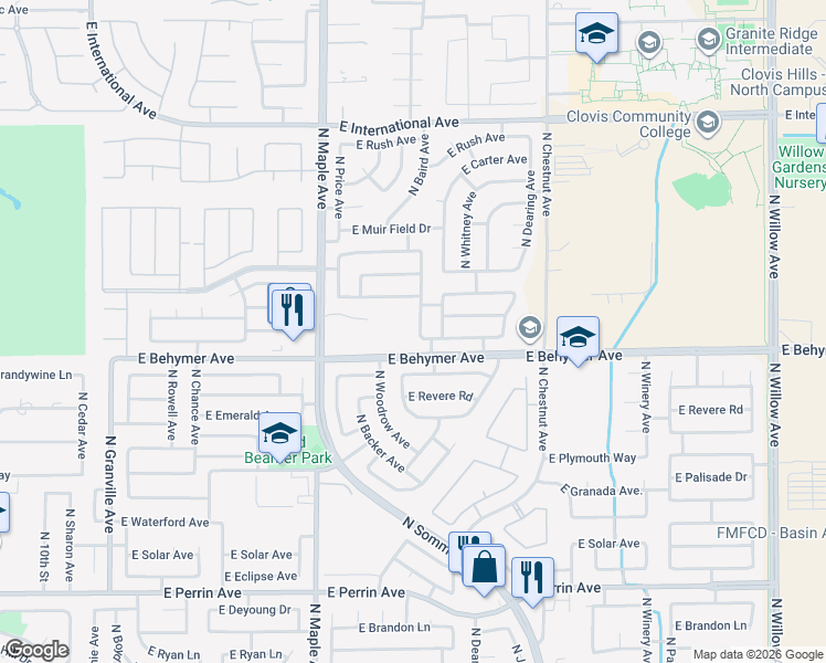 map of restaurants, bars, coffee shops, grocery stores, and more near 10030 North Baird Avenue in Fresno
