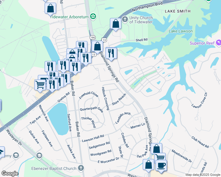 map of restaurants, bars, coffee shops, grocery stores, and more near 5522 Finespun Last in Virginia Beach