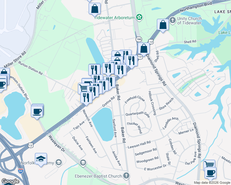 map of restaurants, bars, coffee shops, grocery stores, and more near 1137 Baker Road in Virginia Beach