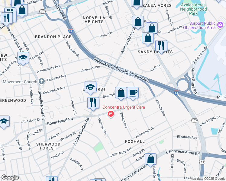 map of restaurants, bars, coffee shops, grocery stores, and more near 5280 Beamon Road in Norfolk
