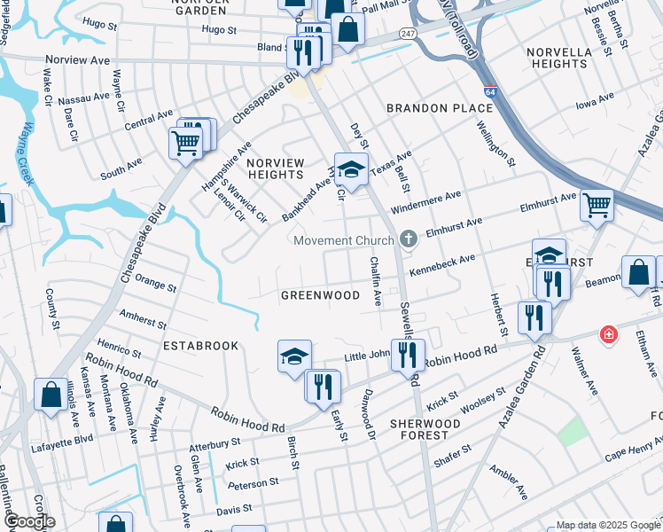 map of restaurants, bars, coffee shops, grocery stores, and more near 3219 Locust Avenue in Norfolk