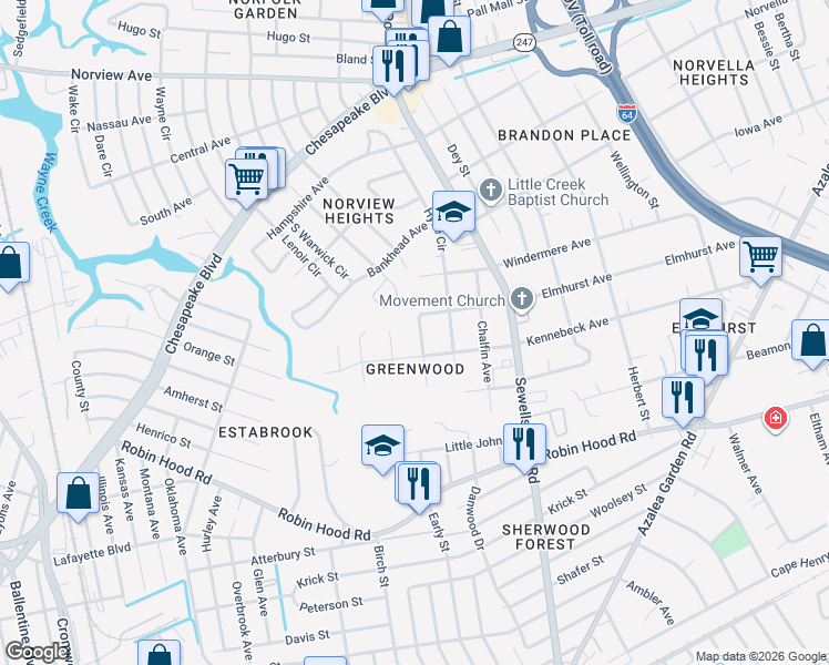 map of restaurants, bars, coffee shops, grocery stores, and more near 3219 Locust Avenue in Norfolk