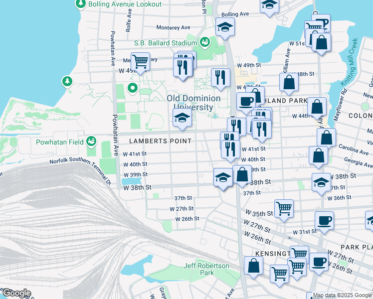 map of restaurants, bars, coffee shops, grocery stores, and more near 1320 West 41st Street in Norfolk