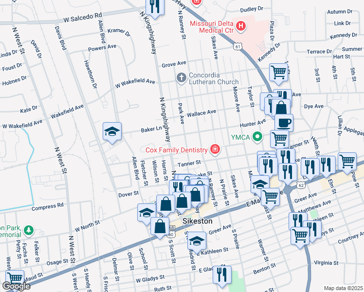 map of restaurants, bars, coffee shops, grocery stores, and more near 517 Park Avenue in Sikeston