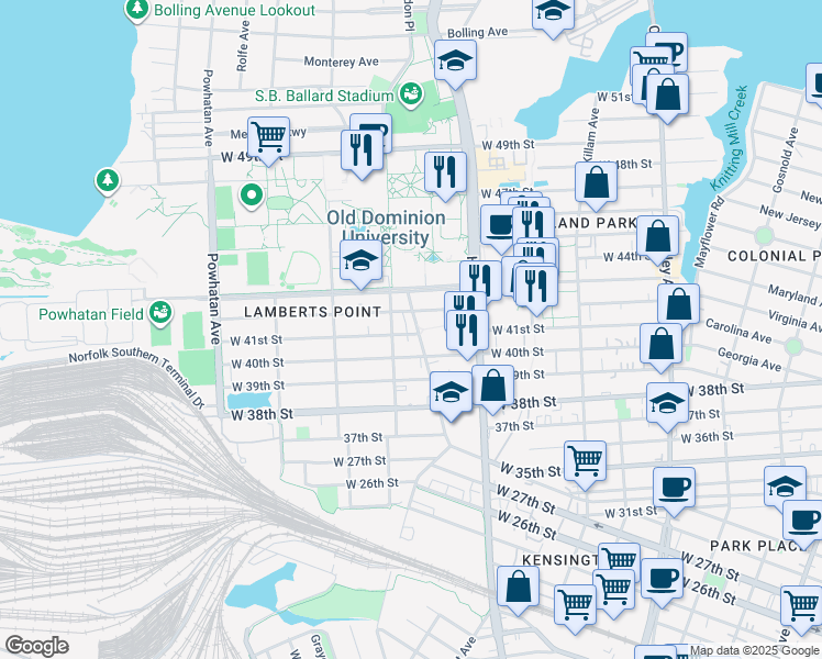 map of restaurants, bars, coffee shops, grocery stores, and more near 4103 Bowdens Ferry Road in Norfolk