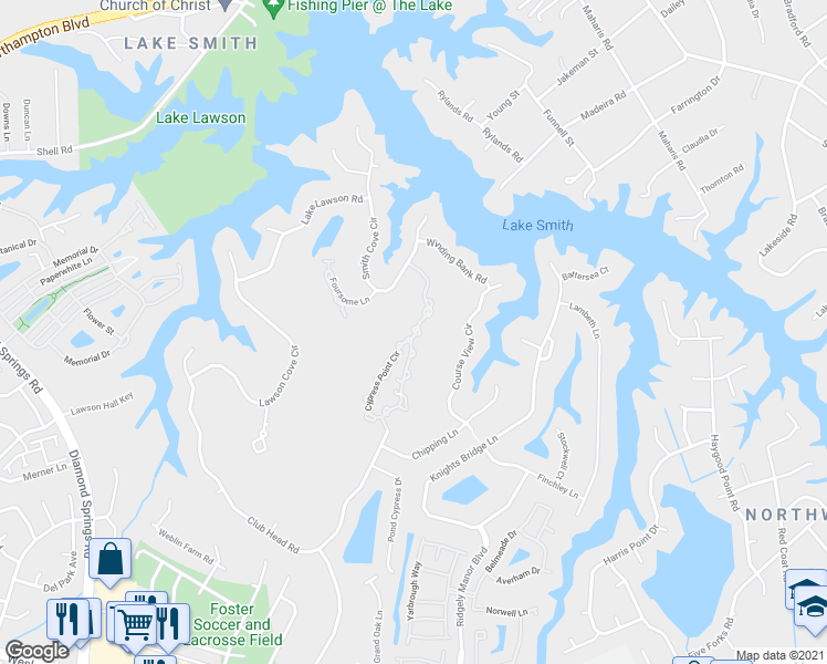map of restaurants, bars, coffee shops, grocery stores, and more near 4859 Cypress Point Circle in Virginia Beach