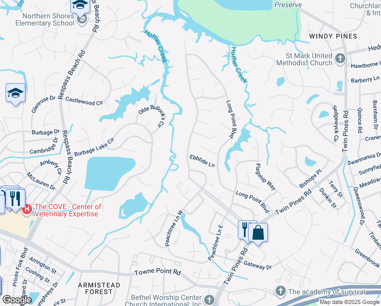 map of restaurants, bars, coffee shops, grocery stores, and more near 4029 Ebbtide Lane in Portsmouth