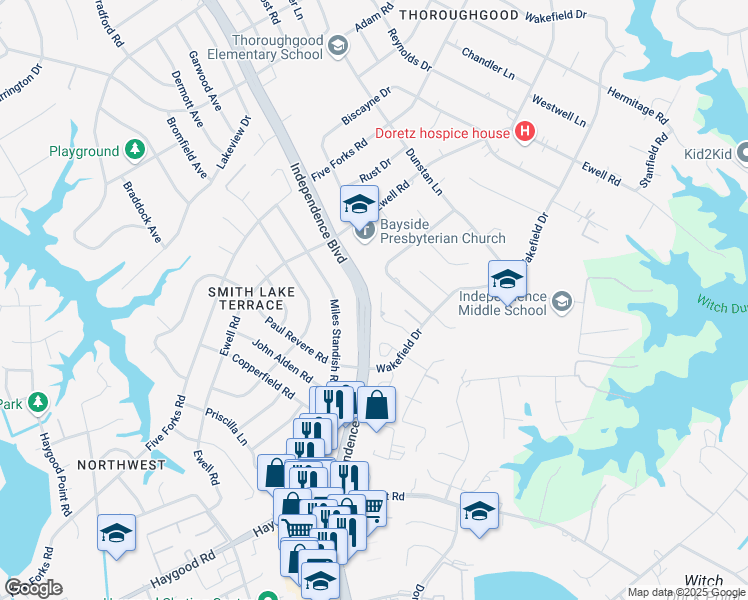 map of restaurants, bars, coffee shops, grocery stores, and more near 4551 Good Adams Lane in Virginia Beach