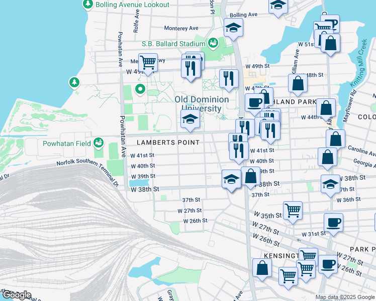 map of restaurants, bars, coffee shops, grocery stores, and more near 1334 West 41st Street in Norfolk