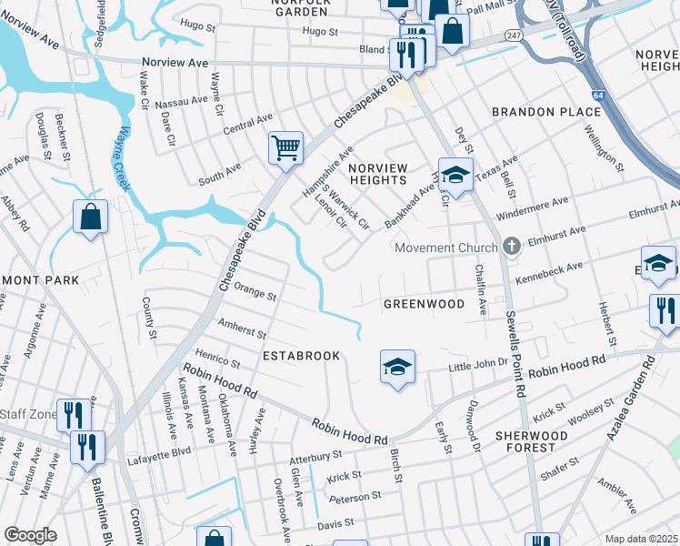 map of restaurants, bars, coffee shops, grocery stores, and more near 4543 Bankhead Avenue in Norfolk