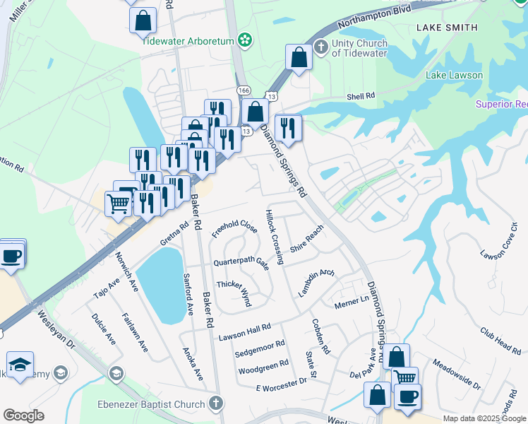 map of restaurants, bars, coffee shops, grocery stores, and more near 1216 Hillock Crossing in Virginia Beach