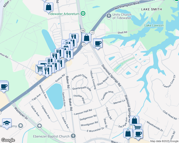 map of restaurants, bars, coffee shops, grocery stores, and more near 1216 Hillock Crossing in Virginia Beach