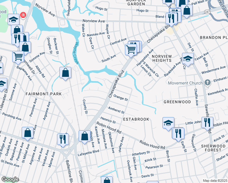 map of restaurants, bars, coffee shops, grocery stores, and more near 3530 Chesapeake Blvd in Norfolk